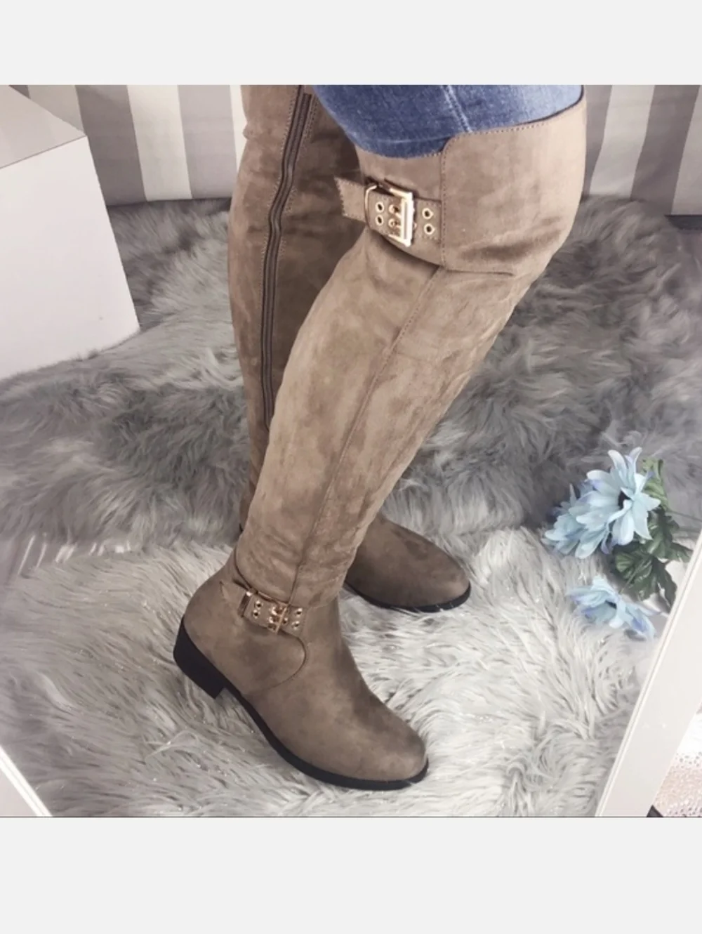 Top Moda Faux Leather Suede Over The Knee Boots Taupe Buckle Western Shoes 8